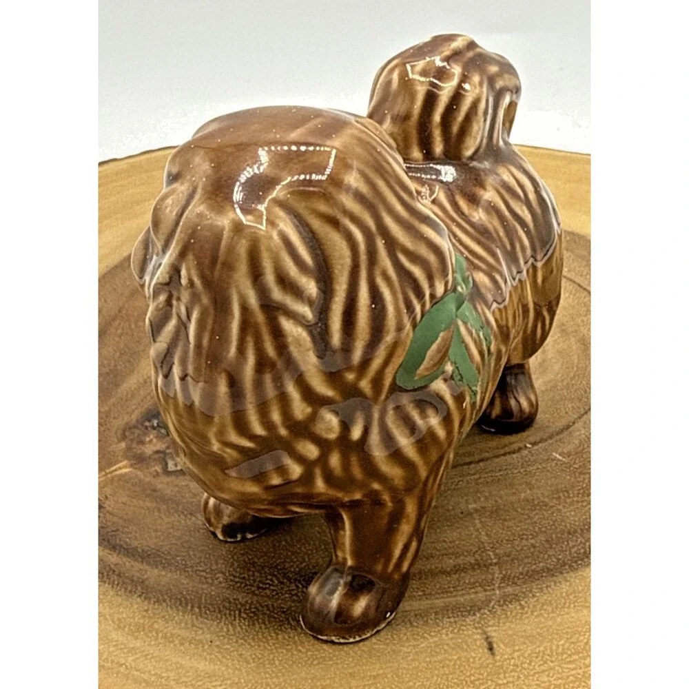 Vintage Porcelain Pekingese Figurine Pekingese Brown Dog W/Green Bow 3.5